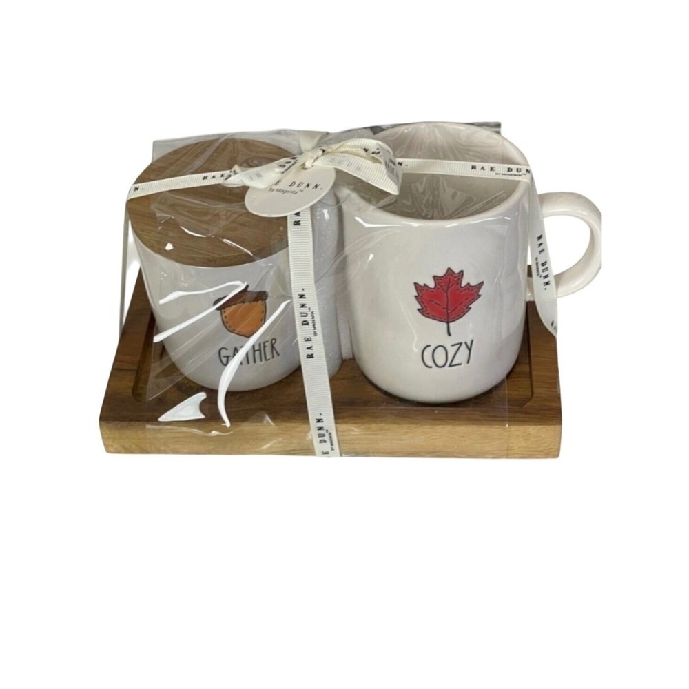 Rae Dunn Fall Cozy Ceramic Mug Gather Wooden Canister Tray Set Maple Leaf Acorn